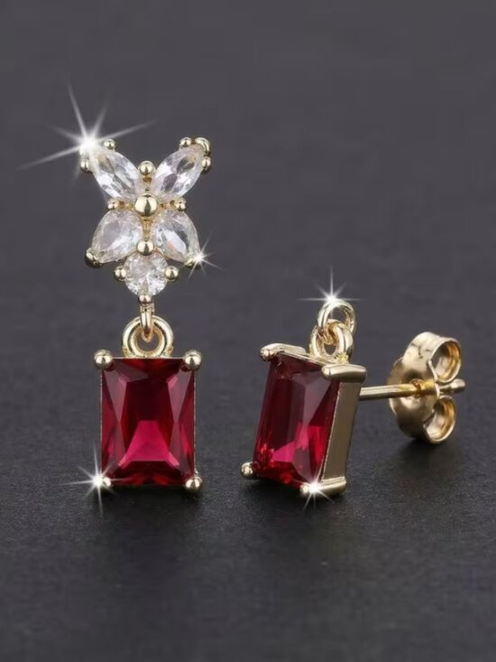 14K Gold Hanging Drop 2ct Red Ruby Gemstone 1ct Diamond Earrings Ladies Jewelry main image 5